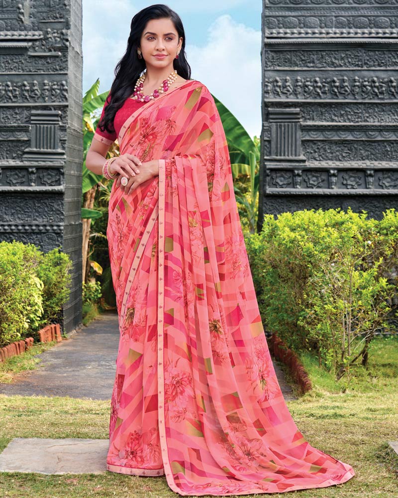 Vishal Prints Fuchsia Pink Digital Print Georgette Saree With Fancy Embroidery Border