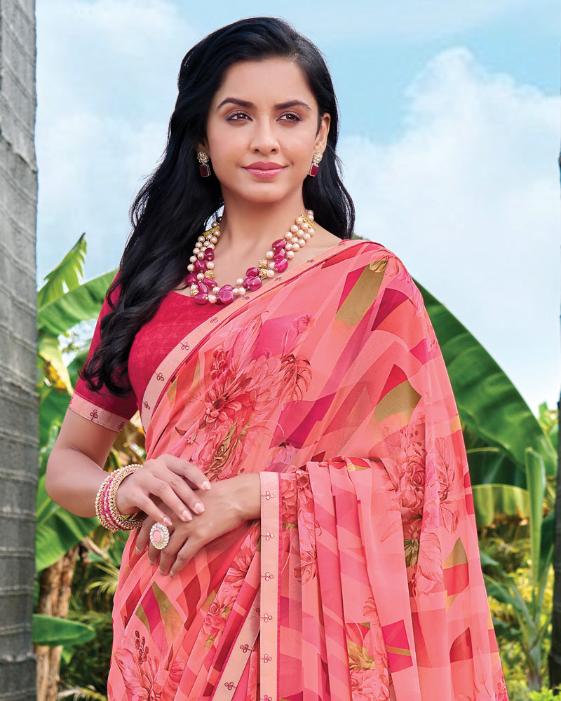 Vishal Prints Fuchsia Pink Digital Print Georgette Saree With Fancy Embroidery Border