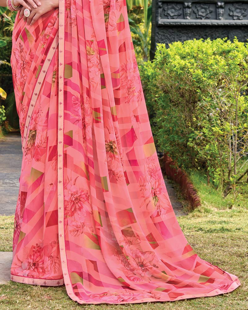 Vishal Prints Fuchsia Pink Digital Print Georgette Saree With Fancy Embroidery Border