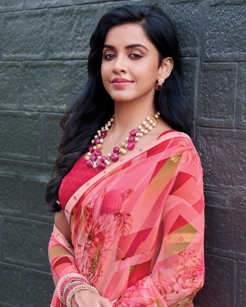 Vishal Prints Fuchsia Pink Digital Print Georgette Saree With Fancy Embroidery Border