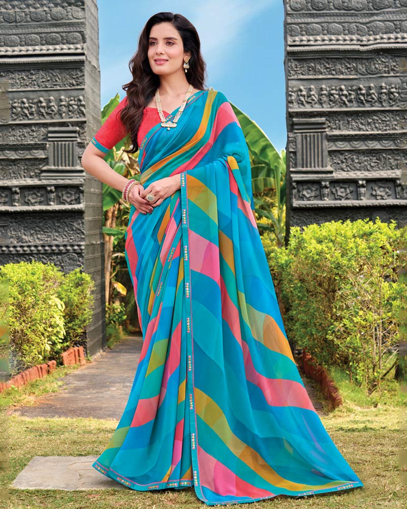 Vishal Prints Bright Blue Digital Print Georgette Saree With Fancy Embroidery Border