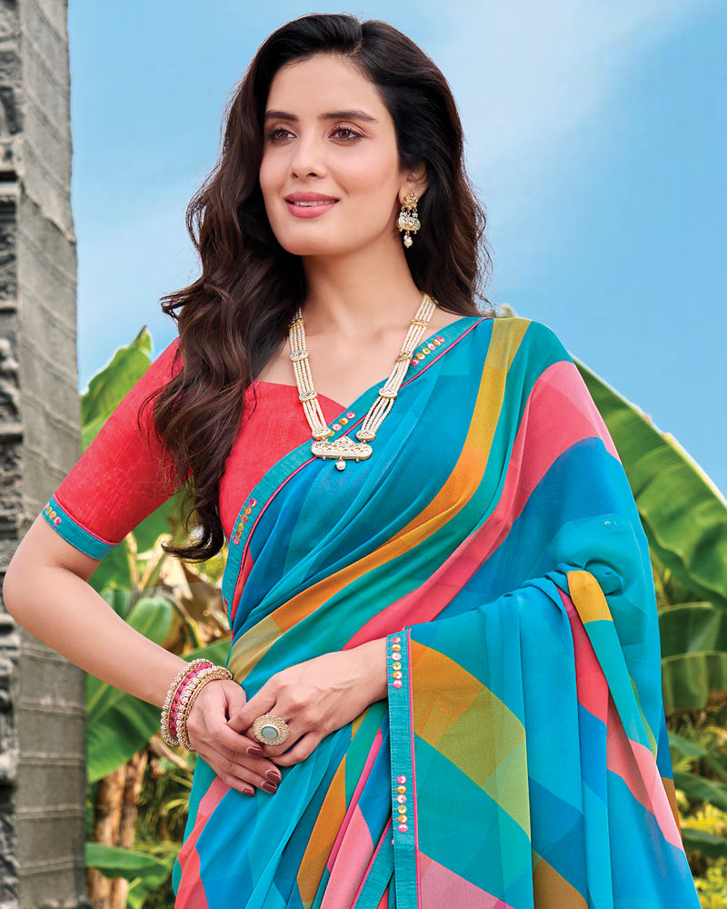Vishal Prints Bright Blue Digital Print Georgette Saree With Fancy Embroidery Border