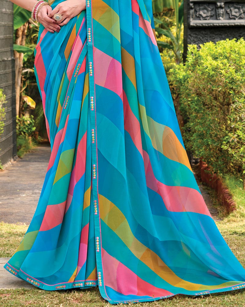 Vishal Prints Bright Blue Digital Print Georgette Saree With Fancy Embroidery Border