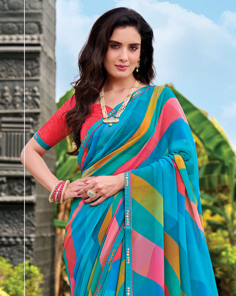 Vishal Prints Bright Blue Digital Print Georgette Saree With Fancy Embroidery Border