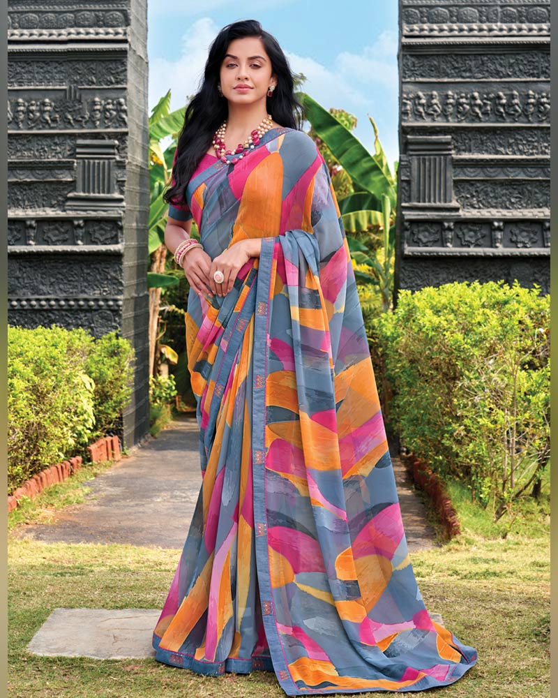 Vishal Prints Slate Grey Digital Print Georgette Saree With Fancy Embroidery Border