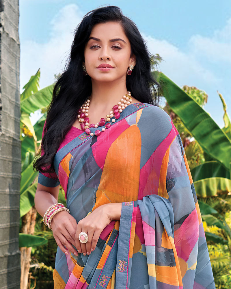 Vishal Prints Slate Grey Digital Print Georgette Saree With Fancy Embroidery Border