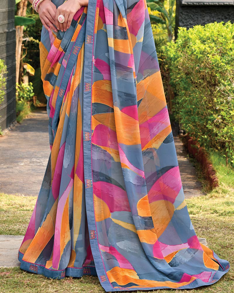 Vishal Prints Slate Grey Digital Print Georgette Saree With Fancy Embroidery Border