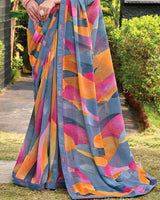Vishal Prints Slate Grey Digital Print Georgette Saree With Fancy Embroidery Border