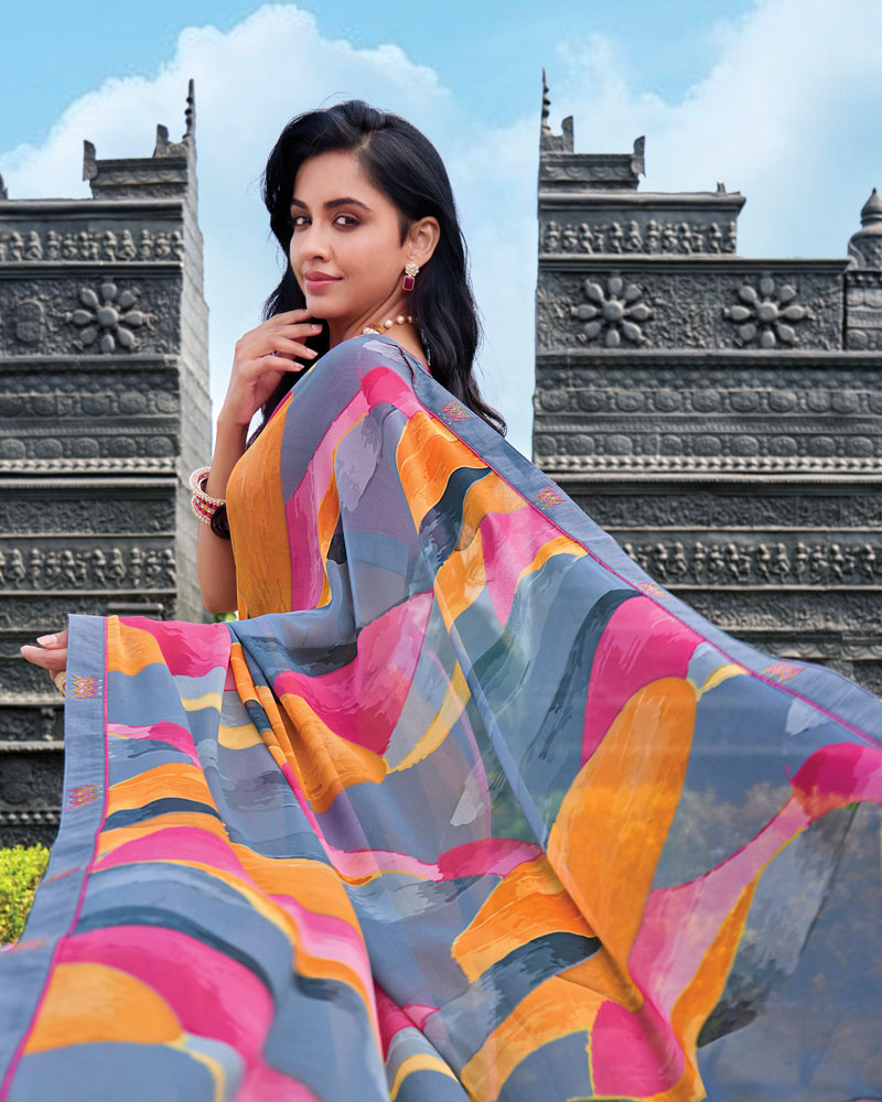 Vishal Prints Slate Grey Digital Print Georgette Saree With Fancy Embroidery Border