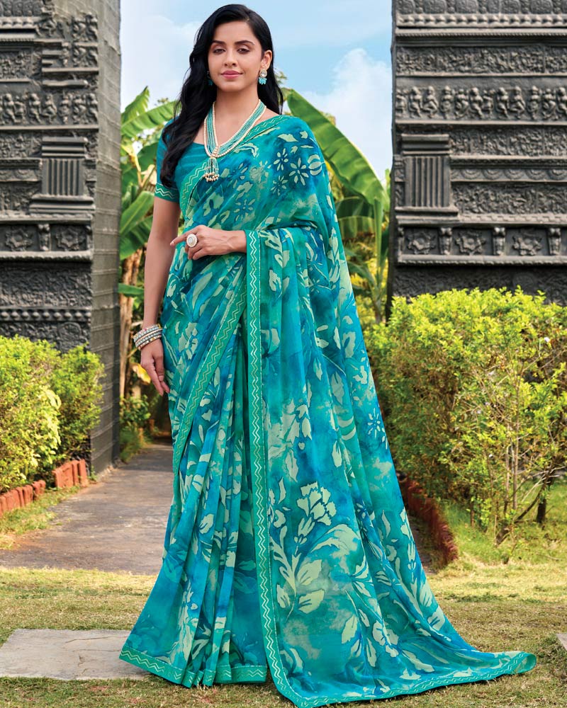 Vishal Prints Deep Sky Blue Digital Print Georgette Saree With Fancy Embroidery Border