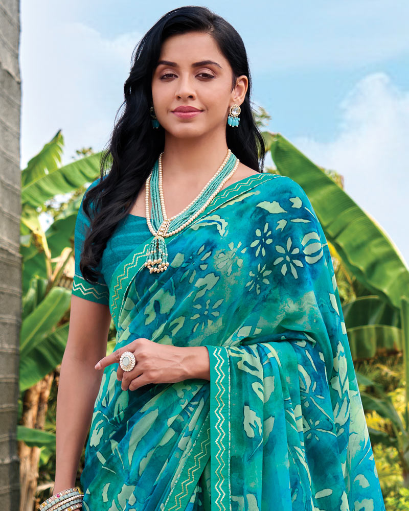 Vishal Prints Deep Sky Blue Digital Print Georgette Saree With Fancy Embroidery Border