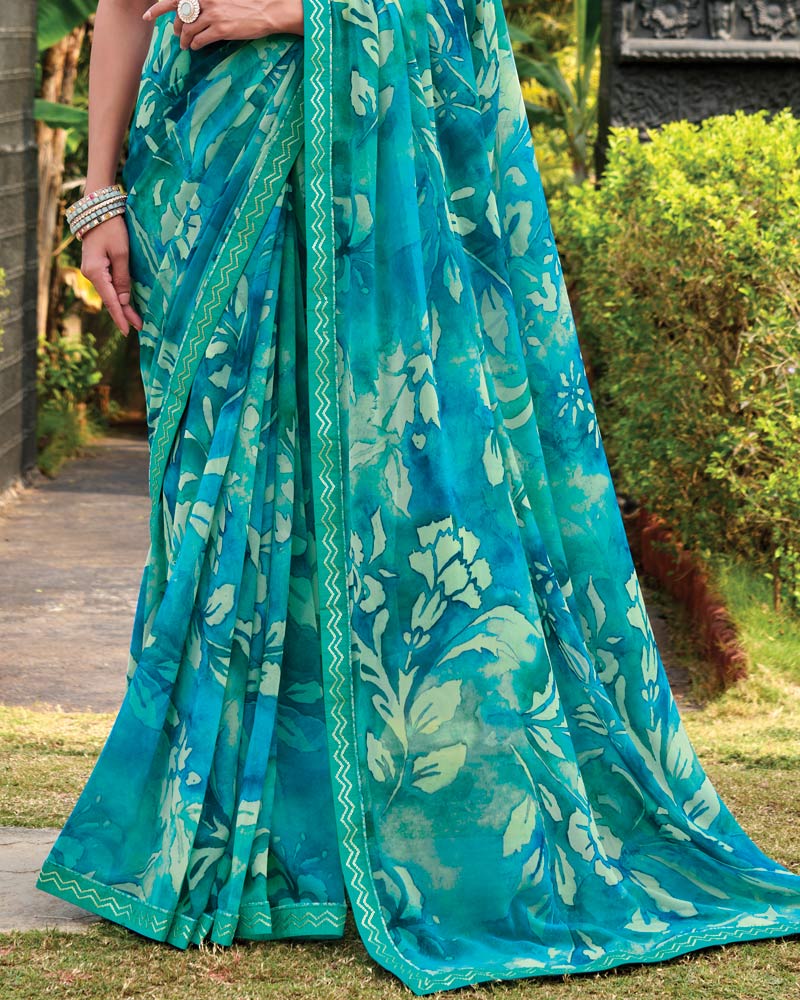 Vishal Prints Deep Sky Blue Digital Print Georgette Saree With Fancy Embroidery Border
