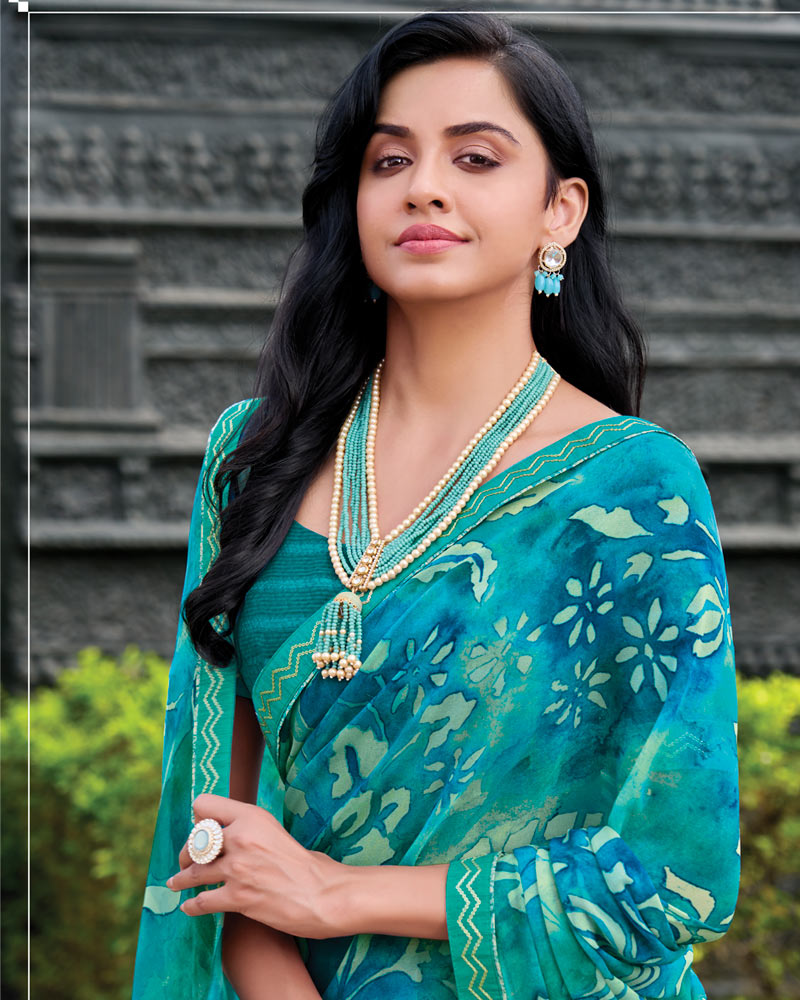 Vishal Prints Deep Sky Blue Digital Print Georgette Saree With Fancy Embroidery Border