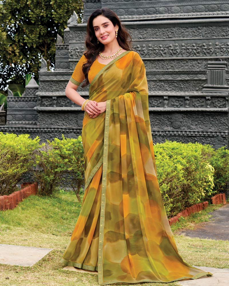 Vishal Prints Mustard Digital Print Georgette Saree With Fancy Embroidery Border