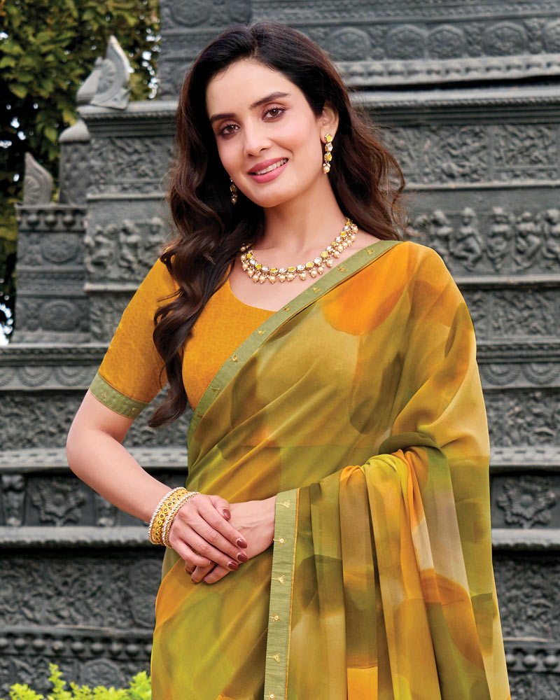 Vishal Prints Mustard Digital Print Georgette Saree With Fancy Embroidery Border