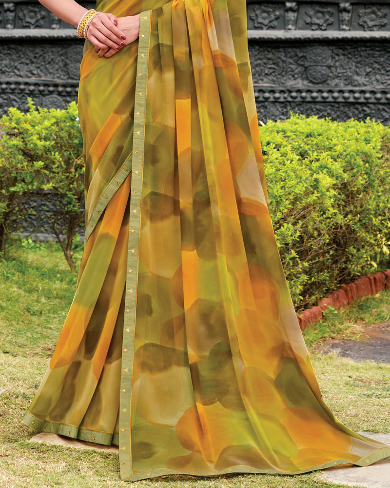 Vishal Prints Mustard Digital Print Georgette Saree With Fancy Embroidery Border