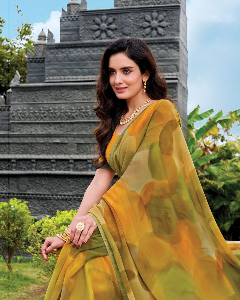 Vishal Prints Mustard Digital Print Georgette Saree With Fancy Embroidery Border