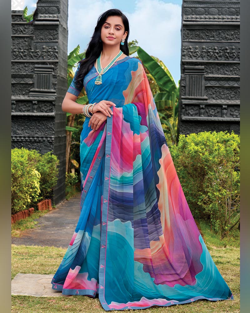 Vishal Prints Deep Blue Digital Print Georgette Saree With Fancy Embroidery Border