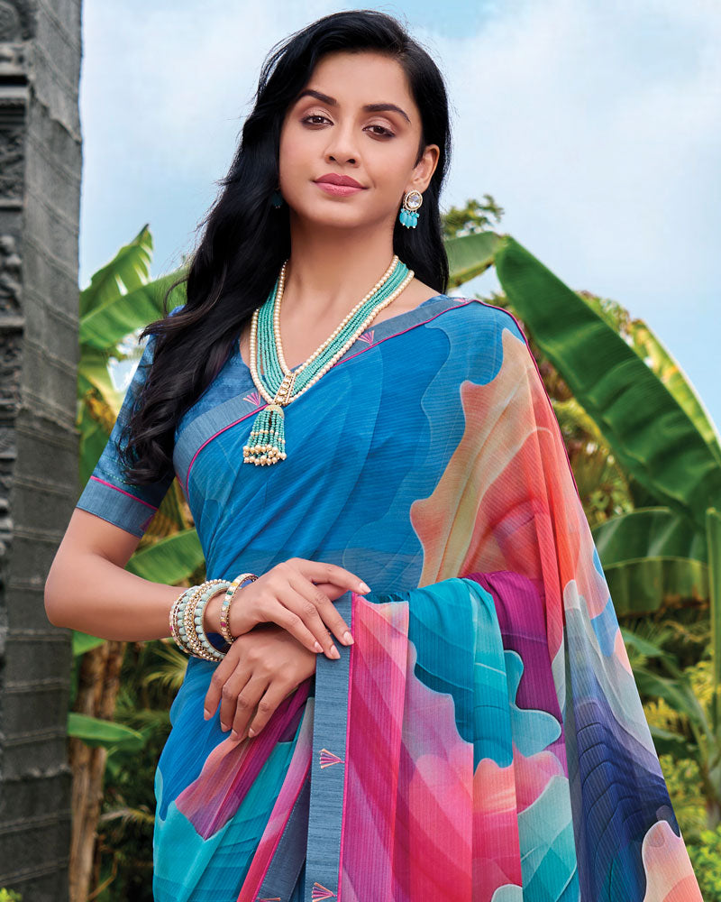 Vishal Prints Deep Blue Digital Print Georgette Saree With Fancy Embroidery Border