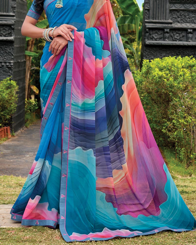 Vishal Prints Deep Blue Digital Print Georgette Saree With Fancy Embroidery Border