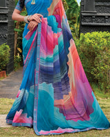 Vishal Prints Deep Blue Digital Print Georgette Saree With Fancy Embroidery Border