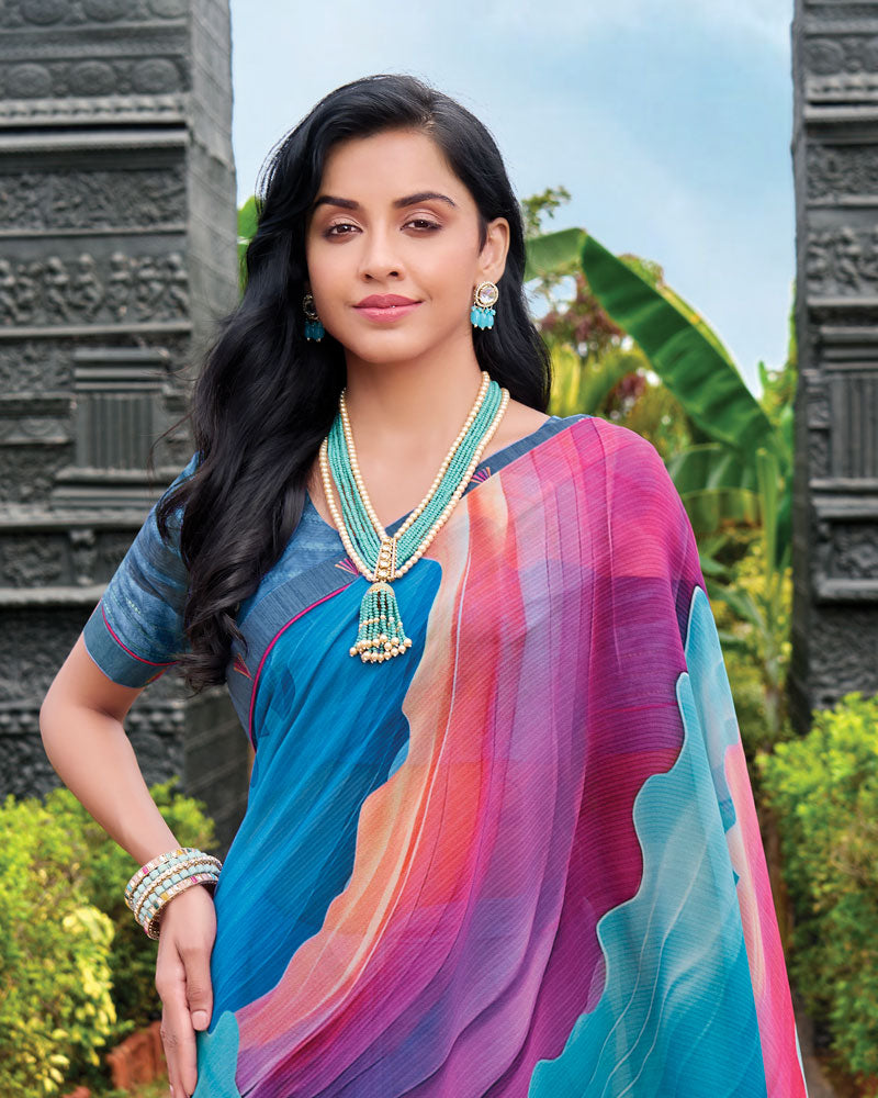 Vishal Prints Deep Blue Digital Print Georgette Saree With Fancy Embroidery Border
