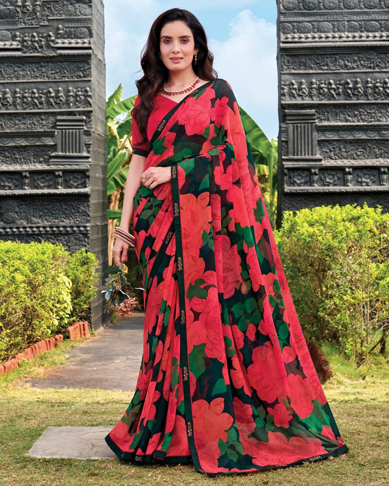 Vishal Prints Black Red Digital Print Georgette Saree With Fancy Embroidery Border