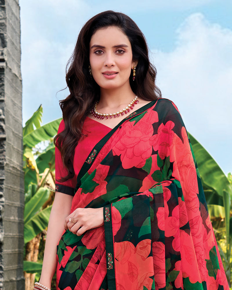 Vishal Prints Black Red Digital Print Georgette Saree With Fancy Embroidery Border