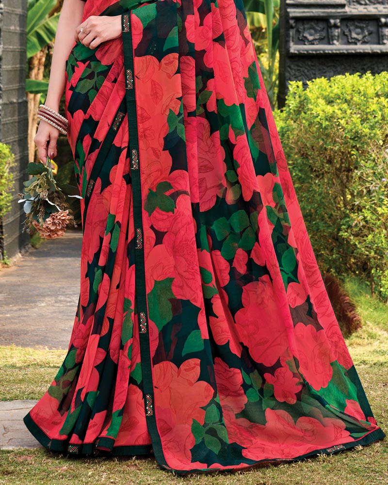 Vishal Prints Black Red Digital Print Georgette Saree With Fancy Embroidery Border