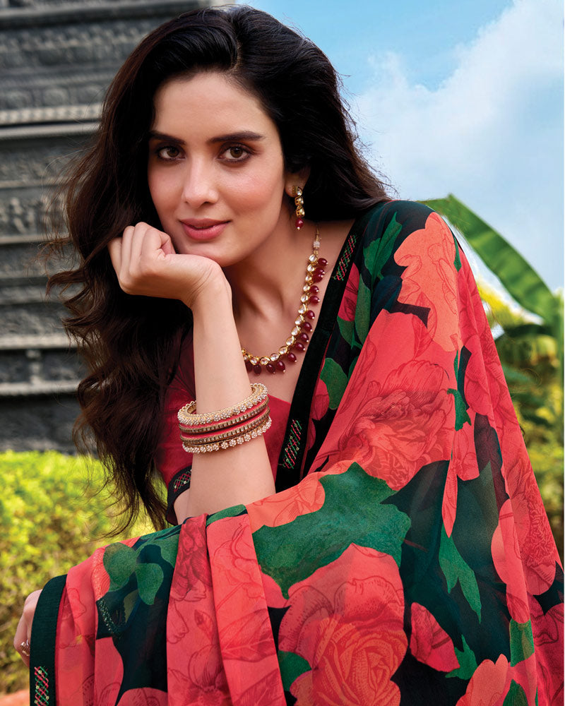Vishal Prints Black Red Digital Print Georgette Saree With Fancy Embroidery Border