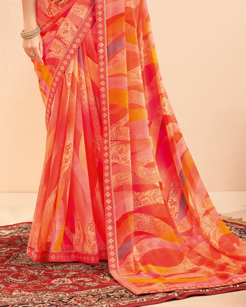 Vishal Prints Light Tomato Red Digital Print Georgette Saree With Fancy Embroidery Border