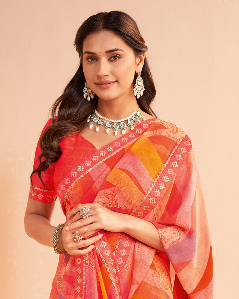 Vishal Prints Light Tomato Red Digital Print Georgette Saree With Fancy Embroidery Border