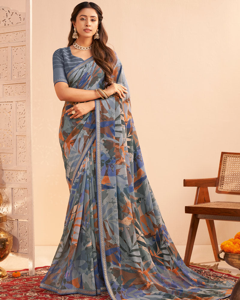 Vishal Prints Bluish Grey Digital Print Georgette Saree With Fancy Embroidery Border