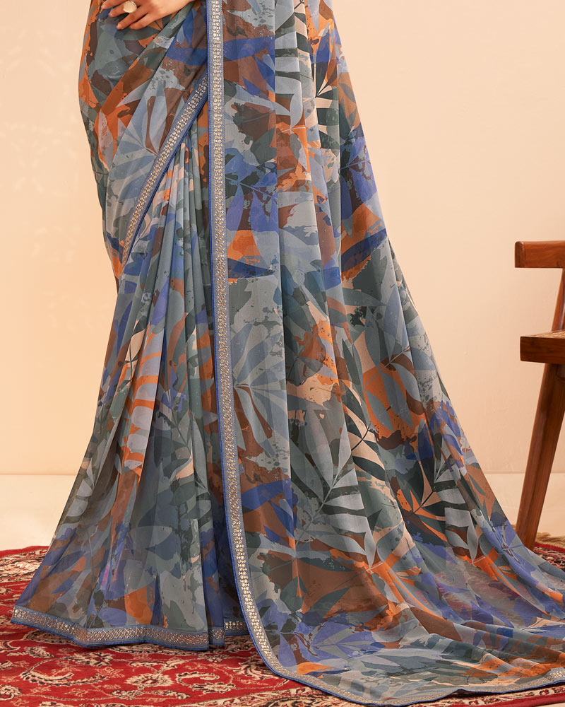 Vishal Prints Bluish Grey Digital Print Georgette Saree With Fancy Embroidery Border
