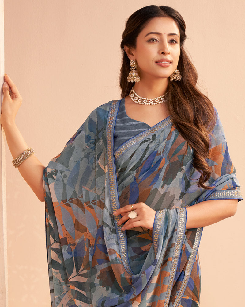 Vishal Prints Bluish Grey Digital Print Georgette Saree With Fancy Embroidery Border