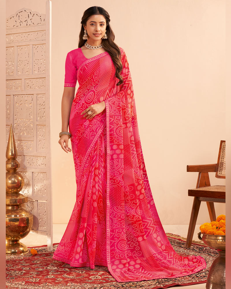 Vishal Prints Rani Pink Digital Print Georgette Saree With Fancy Embroidery Border