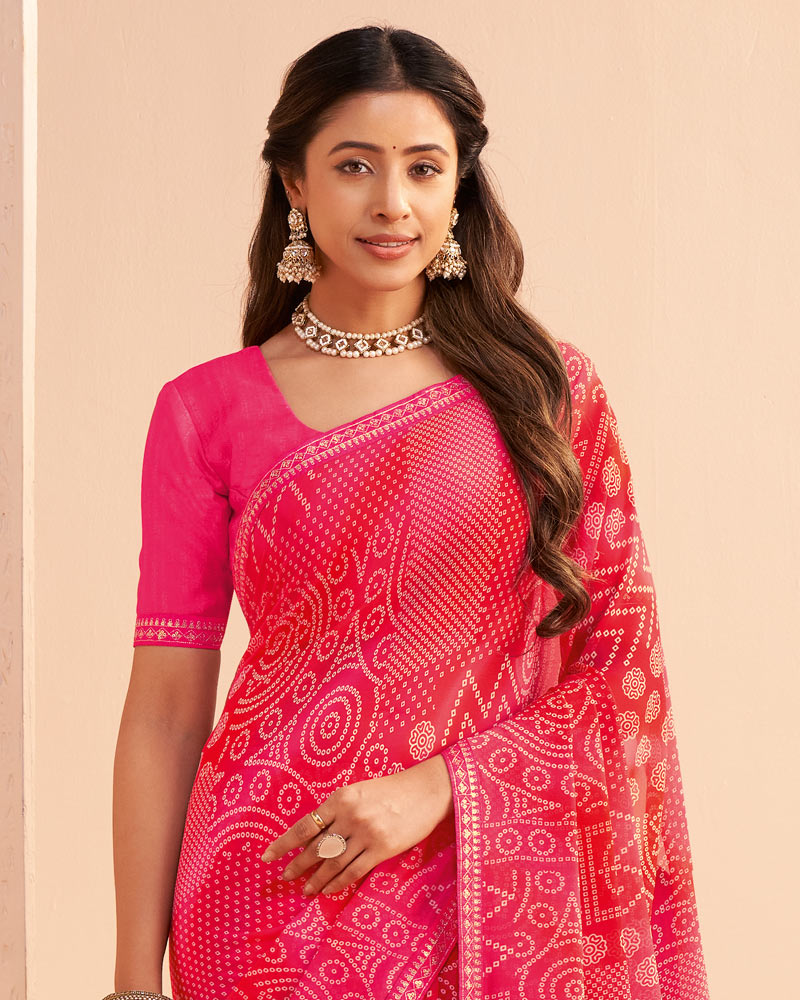 Vishal Prints Rani Pink Digital Print Georgette Saree With Fancy Embroidery Border