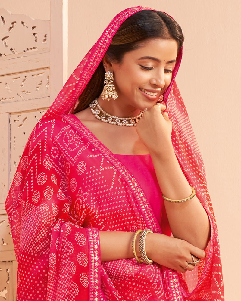Vishal Prints Rani Pink Digital Print Georgette Saree With Fancy Embroidery Border