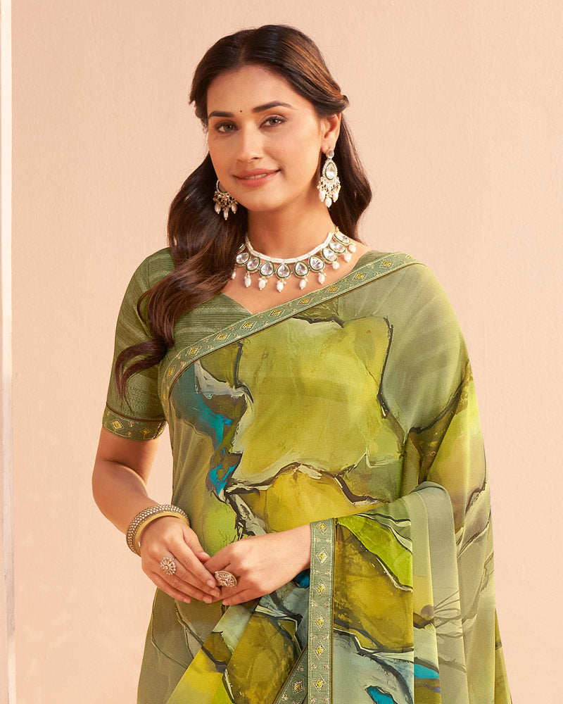 Vishal Prints Pale Green Digital Print Georgette Saree With Fancy Embroidery Border