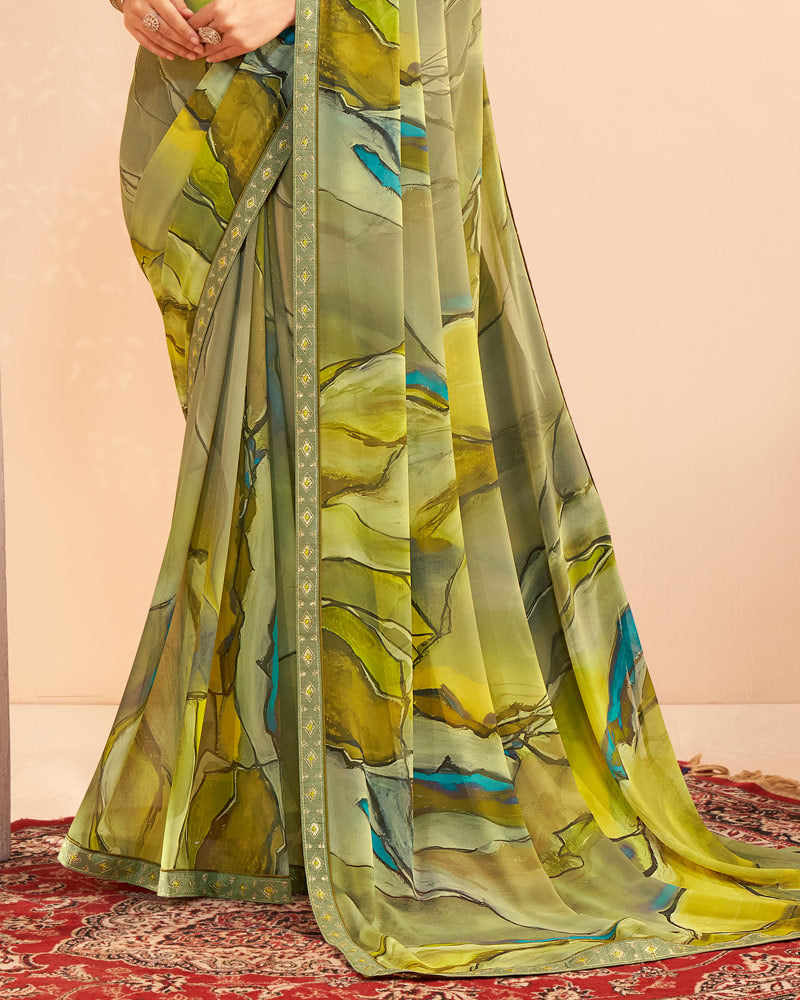Vishal Prints Pale Green Digital Print Georgette Saree With Fancy Embroidery Border