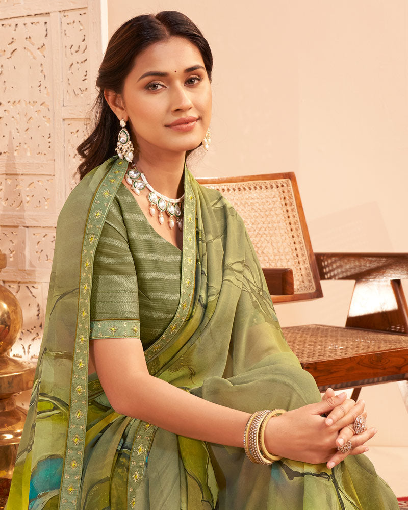 Vishal Prints Pale Green Digital Print Georgette Saree With Fancy Embroidery Border