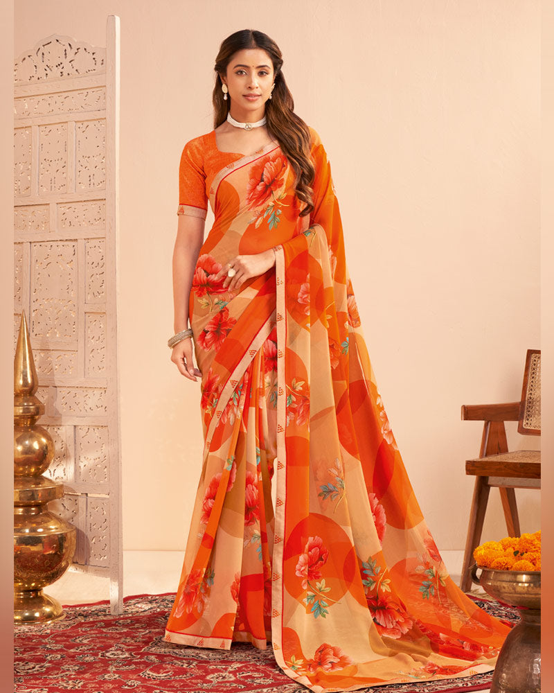 Vishal Prints Bright Orange Digital Print Georgette Saree With Fancy Embroidery Border
