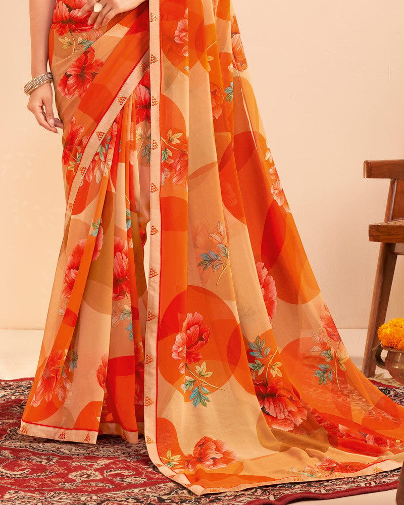 Vishal Prints Bright Orange Digital Print Georgette Saree With Fancy Embroidery Border