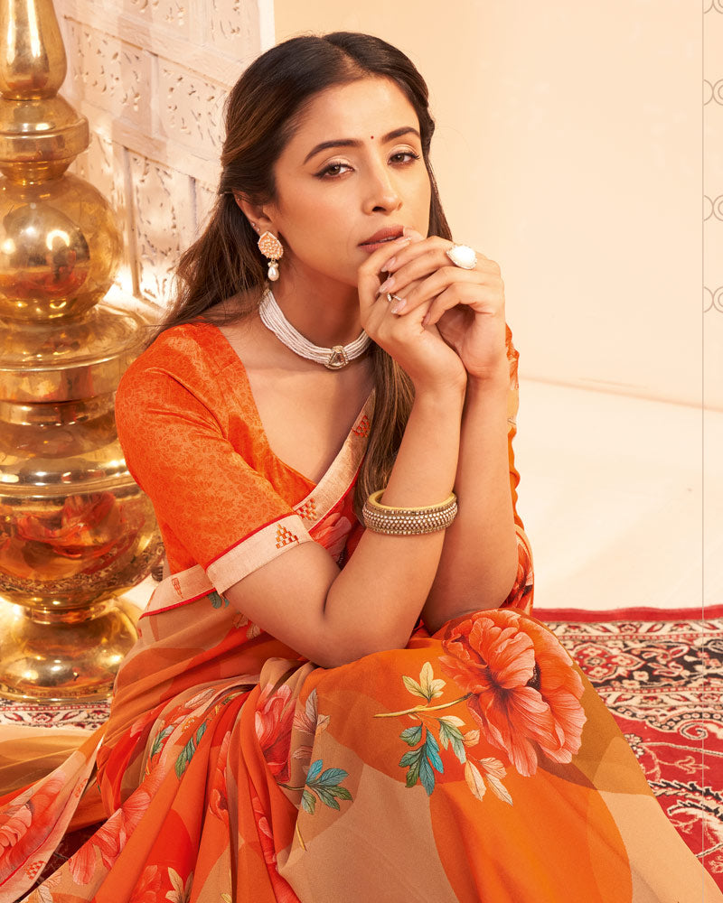 Vishal Prints Bright Orange Digital Print Georgette Saree With Fancy Embroidery Border