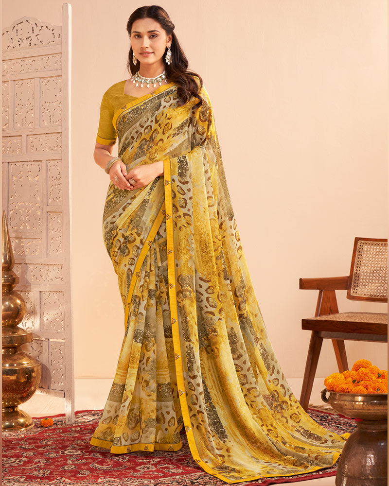 Vishal Prints Pale Yellow Digital Print Georgette Saree With Fancy Embroidery Border