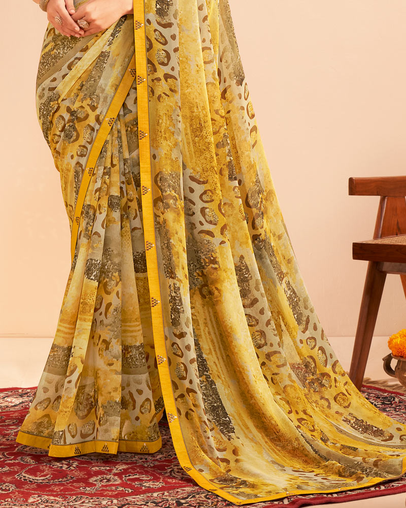 Vishal Prints Pale Yellow Digital Print Georgette Saree With Fancy Embroidery Border