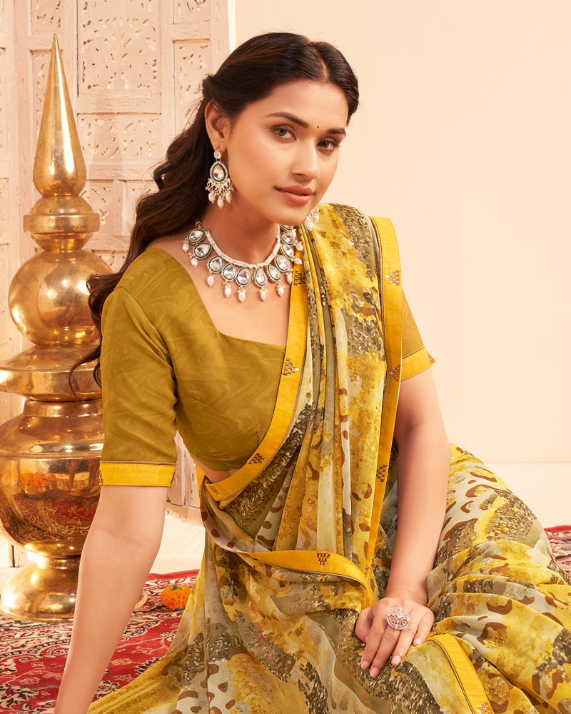 Vishal Prints Pale Yellow Digital Print Georgette Saree With Fancy Embroidery Border