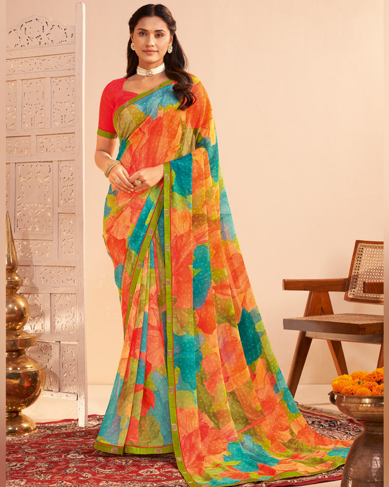 Vishal Prints Multicolour Digital Print Georgette Saree With Fancy Embroidery Border