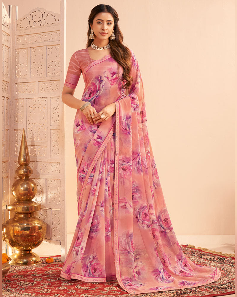 Vishal Prints Pale Baby Pink Digital Print Georgette Saree With Fancy Embroidery Border