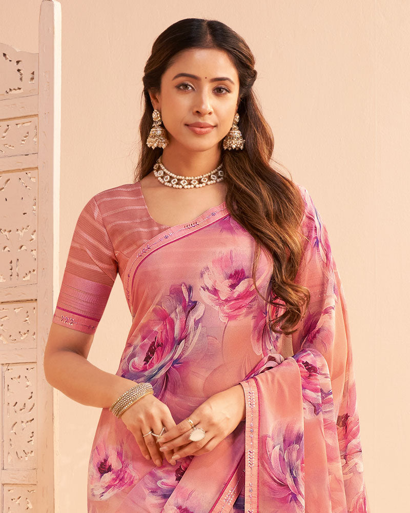 Vishal Prints Pale Baby Pink Digital Print Georgette Saree With Fancy Embroidery Border